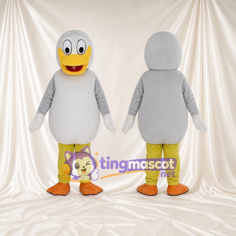 Costume de mascotte Canard – gris – Ventre (blanc); Pantalon (jaune)
