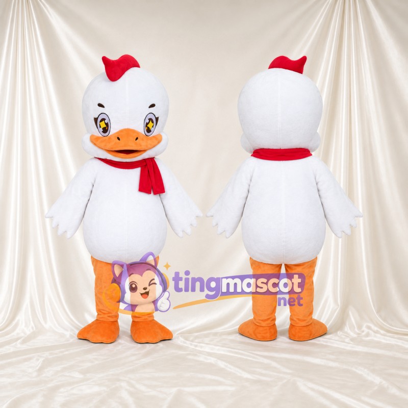 Costume de mascotte Caneton – blanc – Nœud dans les cheveux (rouge); Écharpe (rouge)