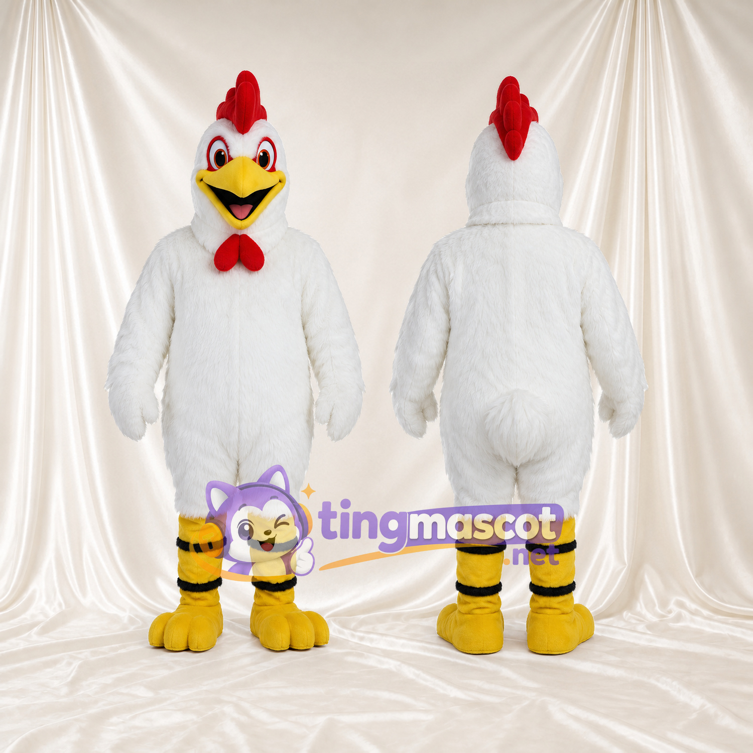 Costume de mascotte Coq – blanc – Crête (rouge); Jambes (rayé, jaune) Costume de mascotte Coq – blanc – Crête (rouge); Jambes (rayé, jaune)
