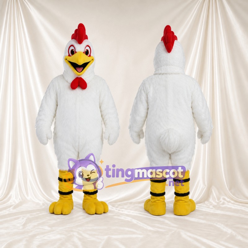 Costume de mascotte Coq – blanc – Crête (rouge); Jambes (rayé, jaune)