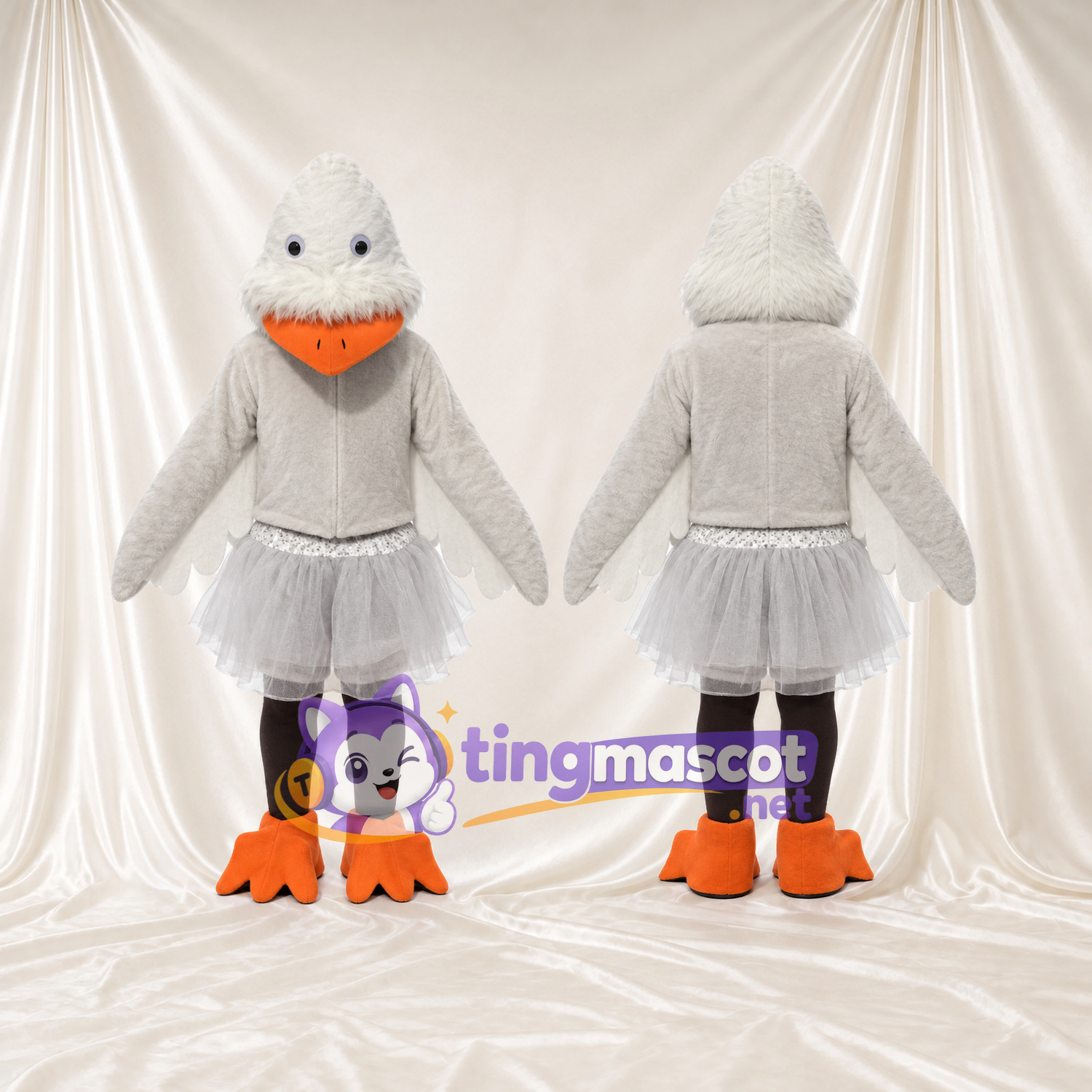 Costume de mascotte Canard – gris – Tutu (blanc); Jambes (noir) Costume de mascotte Canard – gris – Tutu (blanc); Jambes (noir)