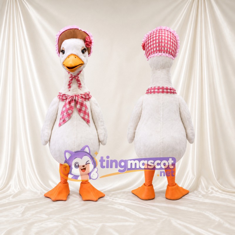 Costume de mascotte Oie – blanc – Bonnet (fleuri); Nœud (à carreaux)