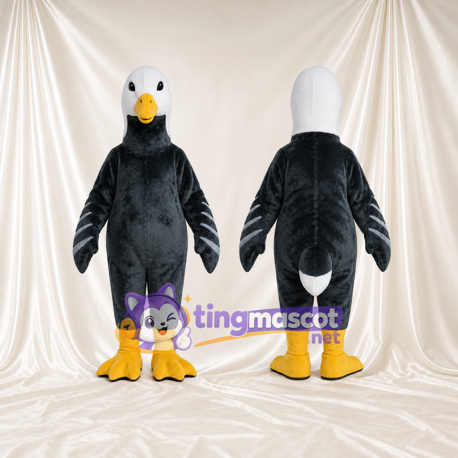 Costume de mascotte Canard – gris – Tête (blanc); Ailes (rayé) Costume de mascotte Canard – gris – Tête (blanc); Ailes (rayé)