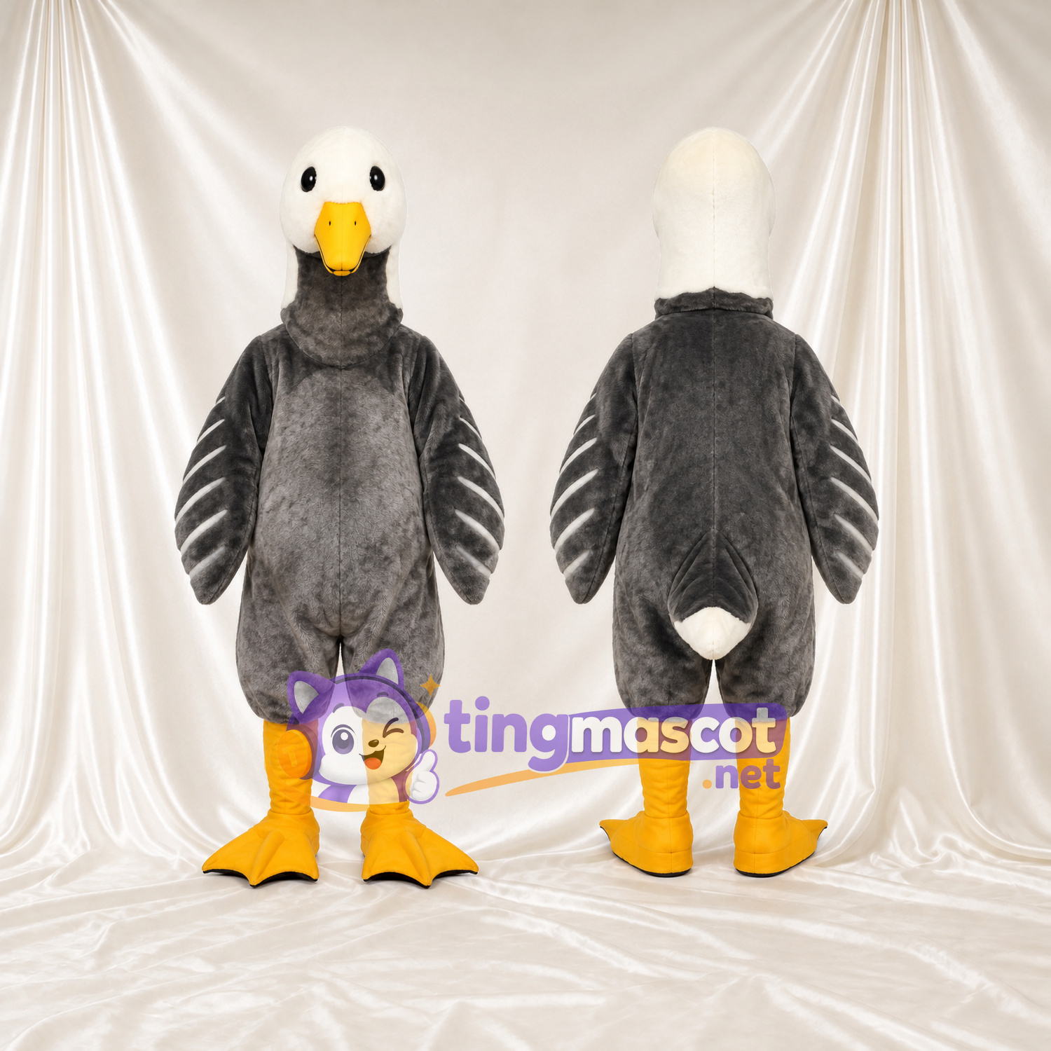 Costume de mascotte Canard – gris foncé – Tête (blanc); Jambes (jaune) Costume de mascotte Canard – gris foncé – Tête (blanc); Jambes (jaune)