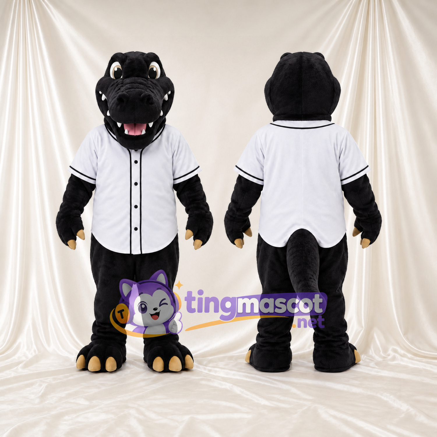 Black Dinosaur Mascot Costume - White Baseball Shirt and Beige Claws Black Dinosaur Mascot Costume - White Baseball Shirt and Beige Claws