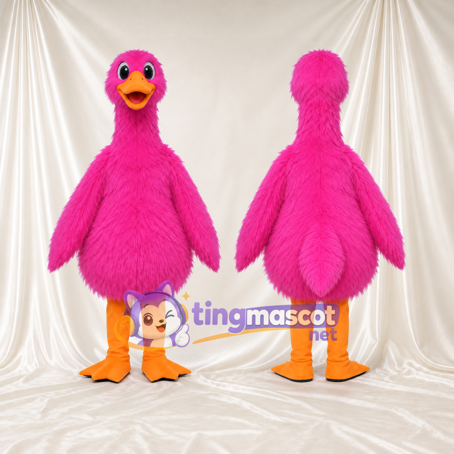Hot Pink Goose Mascot Costume - Long Neck and Orange Legs Hot Pink Goose Mascot Costume - Long Neck and Orange Legs