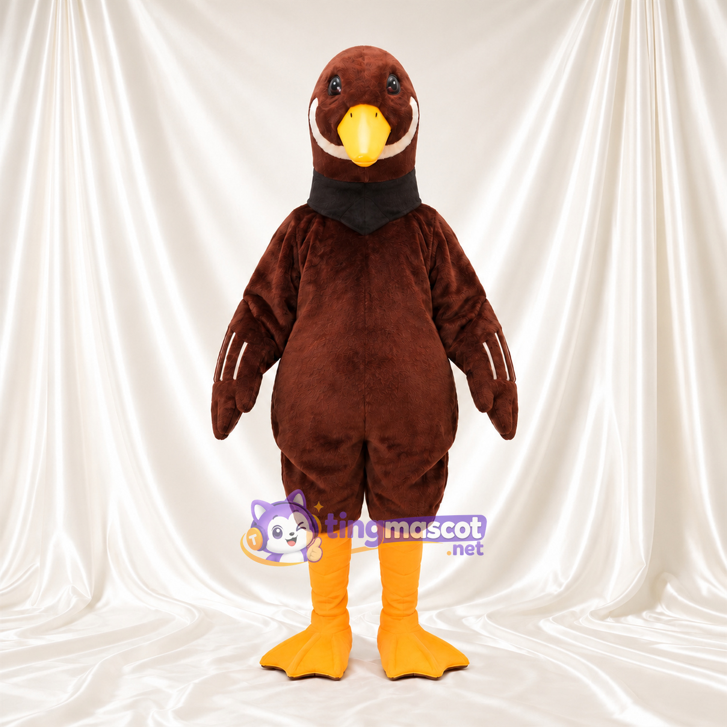 Brown Duck Mascot Costume - Black Neck Scarf and Yellow Legs Brown Duck Mascot Costume - Black Neck Scarf and Yellow Legs