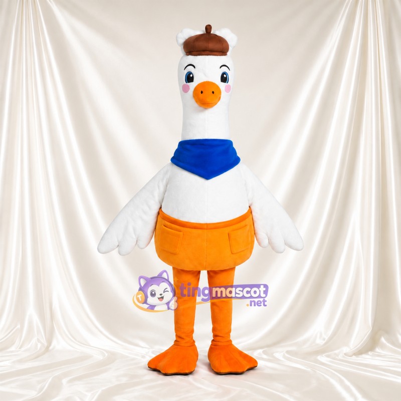 Costume de mascotte Oie – blanc – Casquette (marron); Écharpe (bleu); Short (orange) Costume de mascotte Oie – blanc – Casquette (marron); Écharpe (bleu); Short (orange)