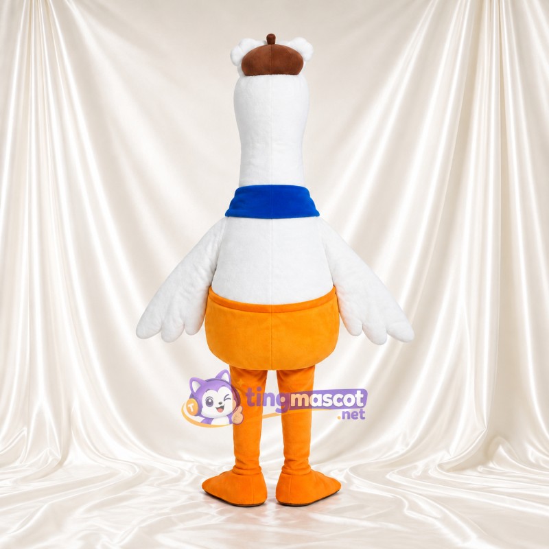 Costume de mascotte Oie – blanc – Casquette (marron); Écharpe (bleu); Short (orange) Costume de mascotte Oie – blanc – Casquette (marron); Écharpe (bleu); Short (orange)