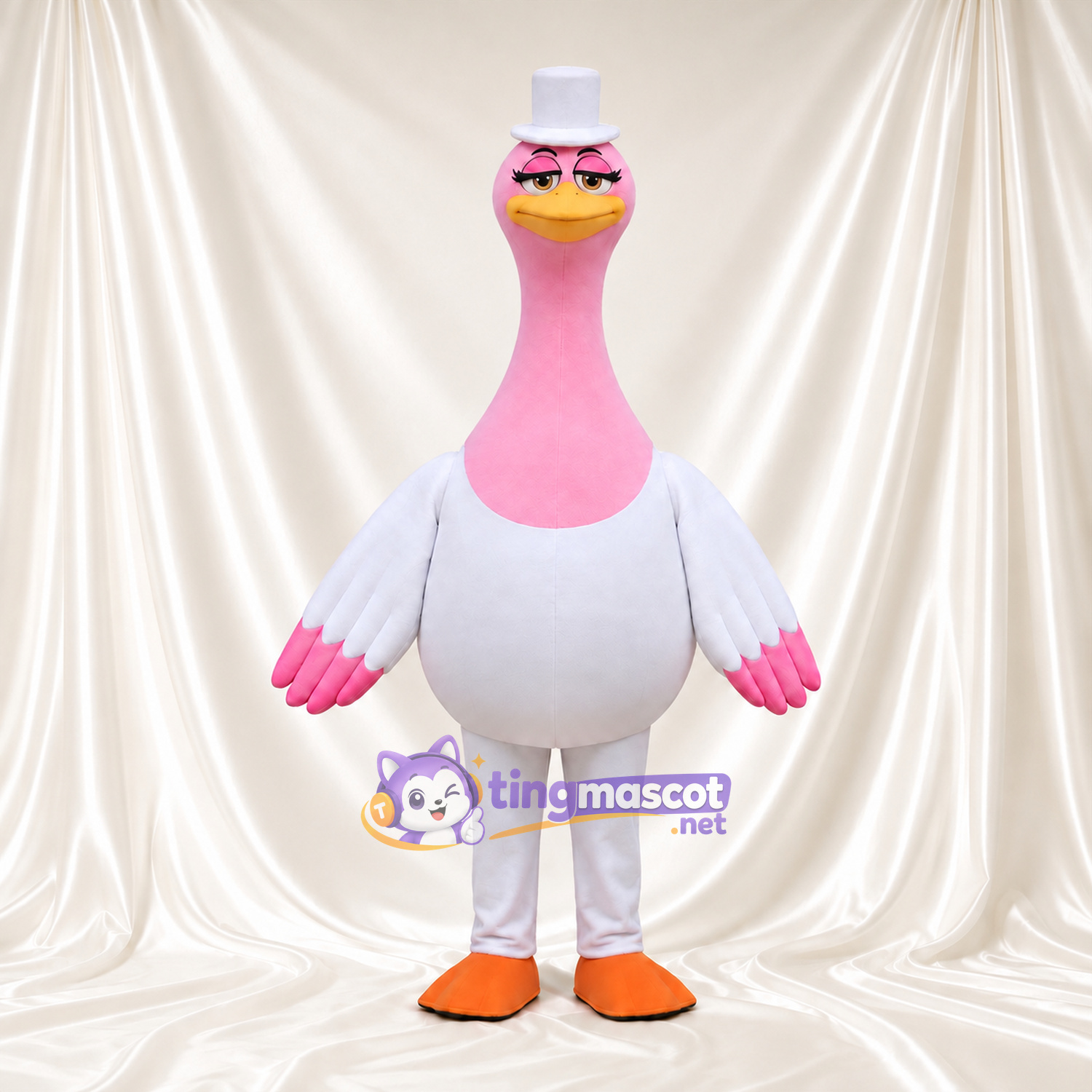Maskottchenkostüm Gans – rosa / weiß – Zylinder (weiß); Flügelspitzen (rosa) Maskottchenkostüm Gans – rosa / weiß – Zylinder (weiß); Flügelspitzen (rosa)