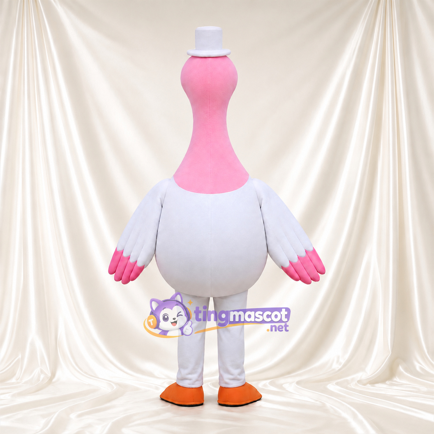 Maskottchenkostüm Gans – rosa / weiß – Zylinder (weiß); Flügelspitzen (rosa) Maskottchenkostüm Gans – rosa / weiß – Zylinder (weiß); Flügelspitzen (rosa)