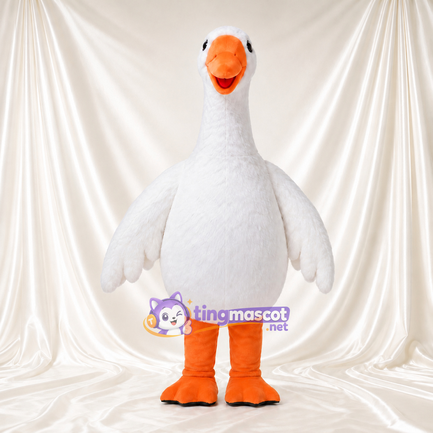Costume de mascotte Oie – blanc – Bec (souriant, orange); Ventre Costume de mascotte Oie – blanc – Bec (souriant, orange); Ventre