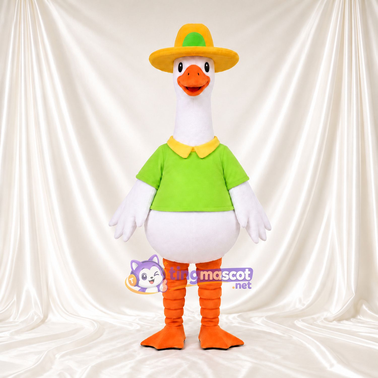 Costume de mascotte Oie – blanc – Chapeau (jaune); Chemise (vert) Costume de mascotte Oie – blanc – Chapeau (jaune); Chemise (vert)