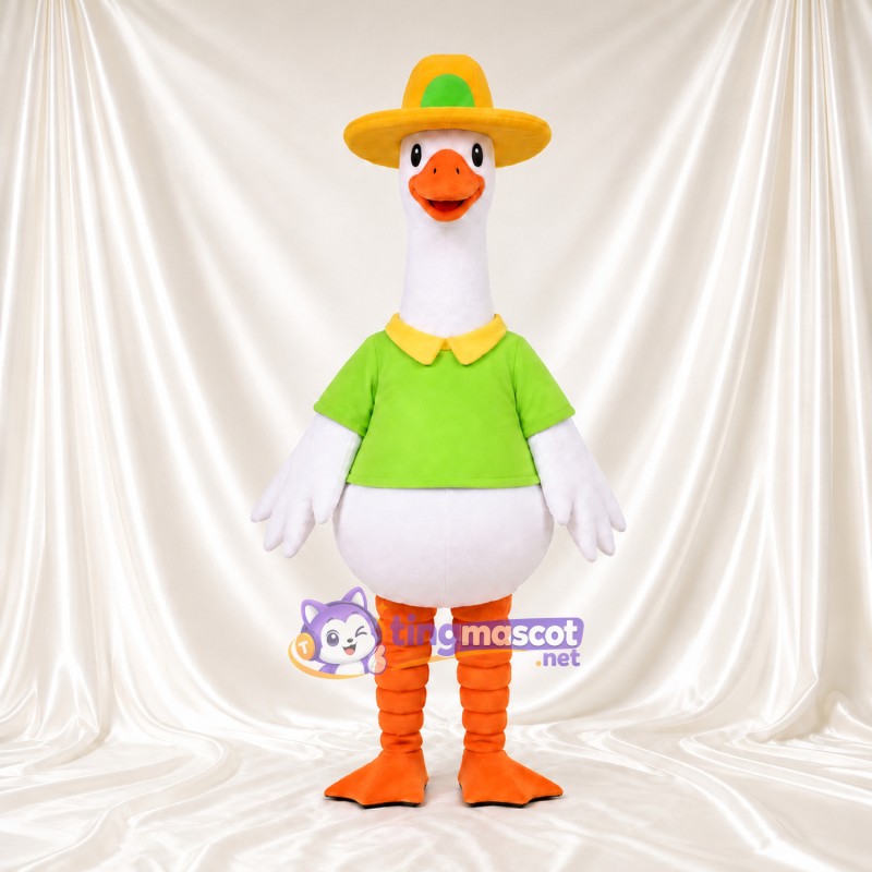 Costume de mascotte Oie – blanc – Chapeau (jaune); Chemise (vert) Costume de mascotte Oie – blanc – Chapeau (jaune); Chemise (vert)