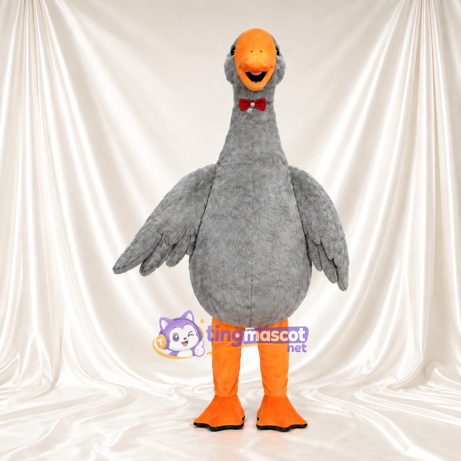 Gray Goose Mascot Costume - Red Bow Tie and Orange Feet Gray Goose Mascot Costume - Red Bow Tie and Orange Feet