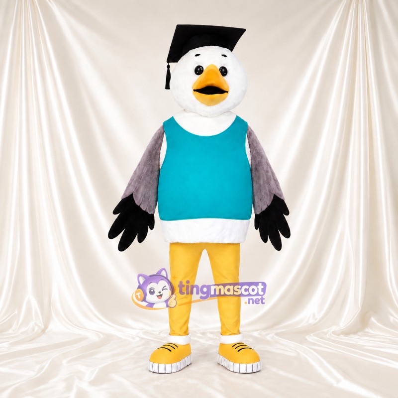 Costume de mascotte Oiseau – blanc – Casquette (noir); Gilet (turquoise) Costume de mascotte Oiseau – blanc – Casquette (noir); Gilet (turquoise)