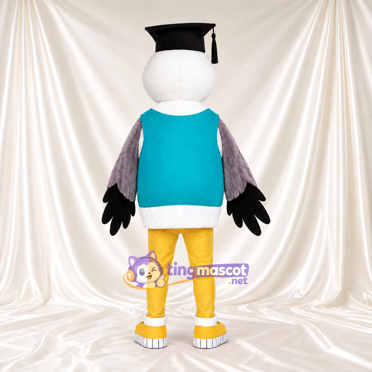 Costume de mascotte Oiseau – blanc – Casquette (noir); Gilet (turquoise) Costume de mascotte Oiseau – blanc – Casquette (noir); Gilet (turquoise)