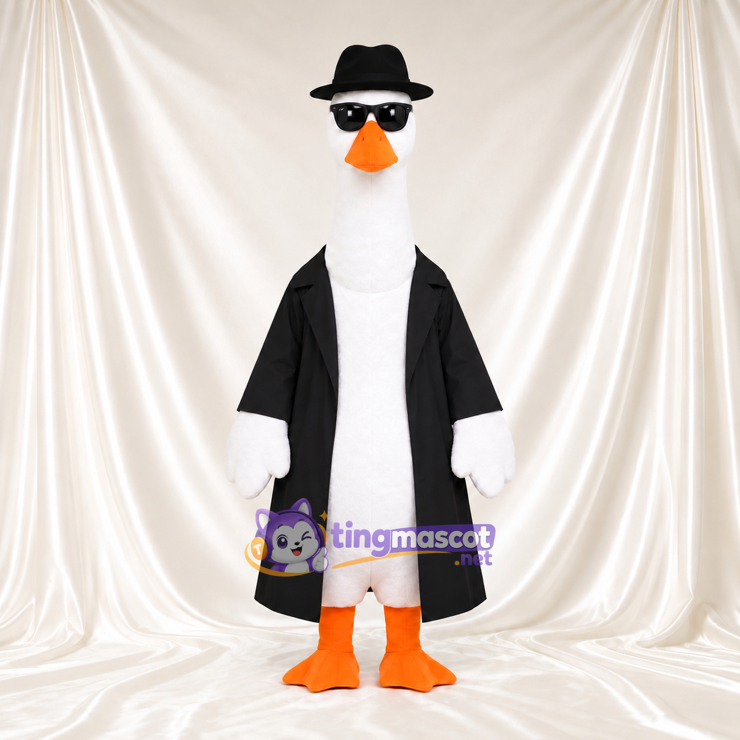 Costume de mascotte Oie – blanc – Chapeau fedora (noir, noir) Costume de mascotte Oie – blanc – Chapeau fedora (noir, noir)