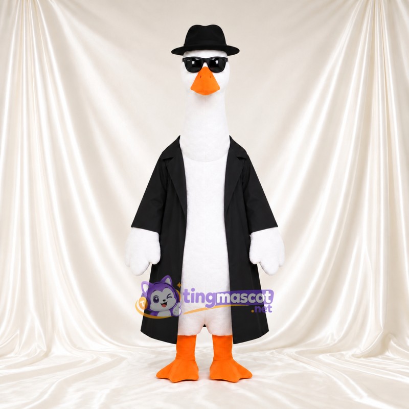 Costume de mascotte Oie – blanc – Chapeau fedora (noir, noir) Costume de mascotte Oie – blanc – Chapeau fedora (noir, noir)