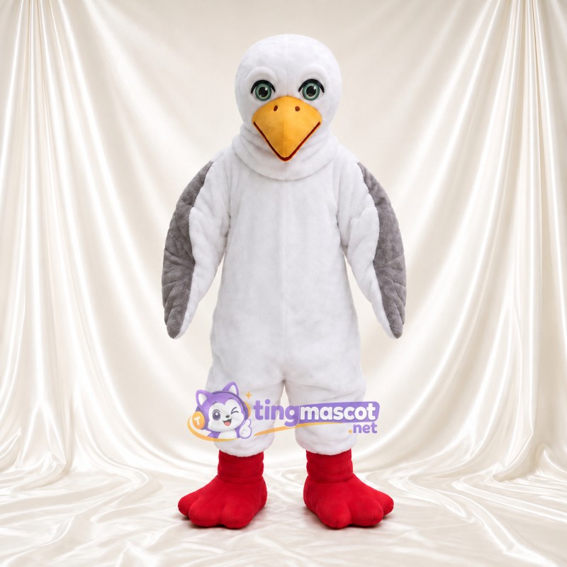 Costume de mascotte Oiseau – blanc – Ailes (gris); Bottes (rouge) Costume de mascotte Oiseau – blanc – Ailes (gris); Bottes (rouge)