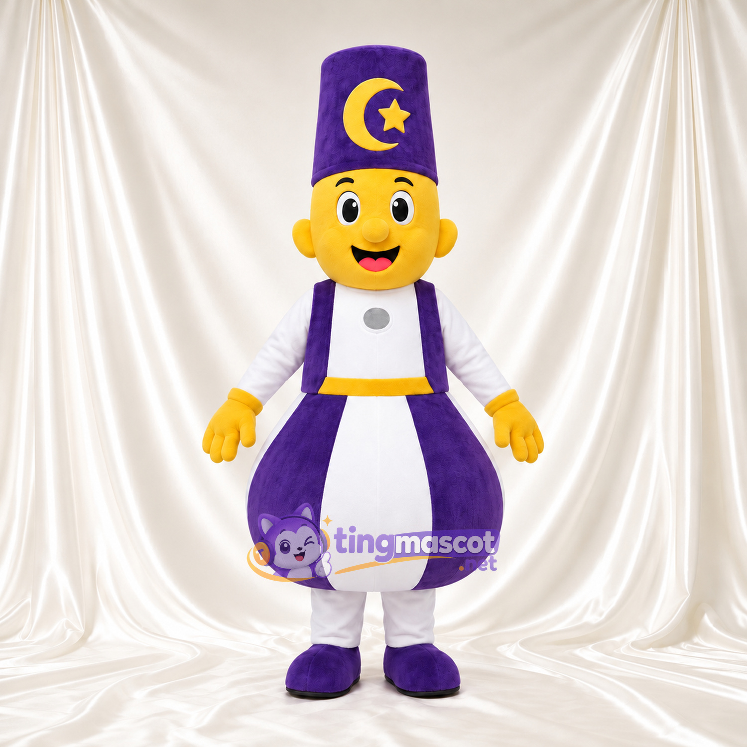 Costume de mascotte Magicien – jaune – Étoile (violet); Chapeau; Tunique longue Costume de mascotte Magicien – jaune – Étoile (violet); Chapeau; Tunique longue