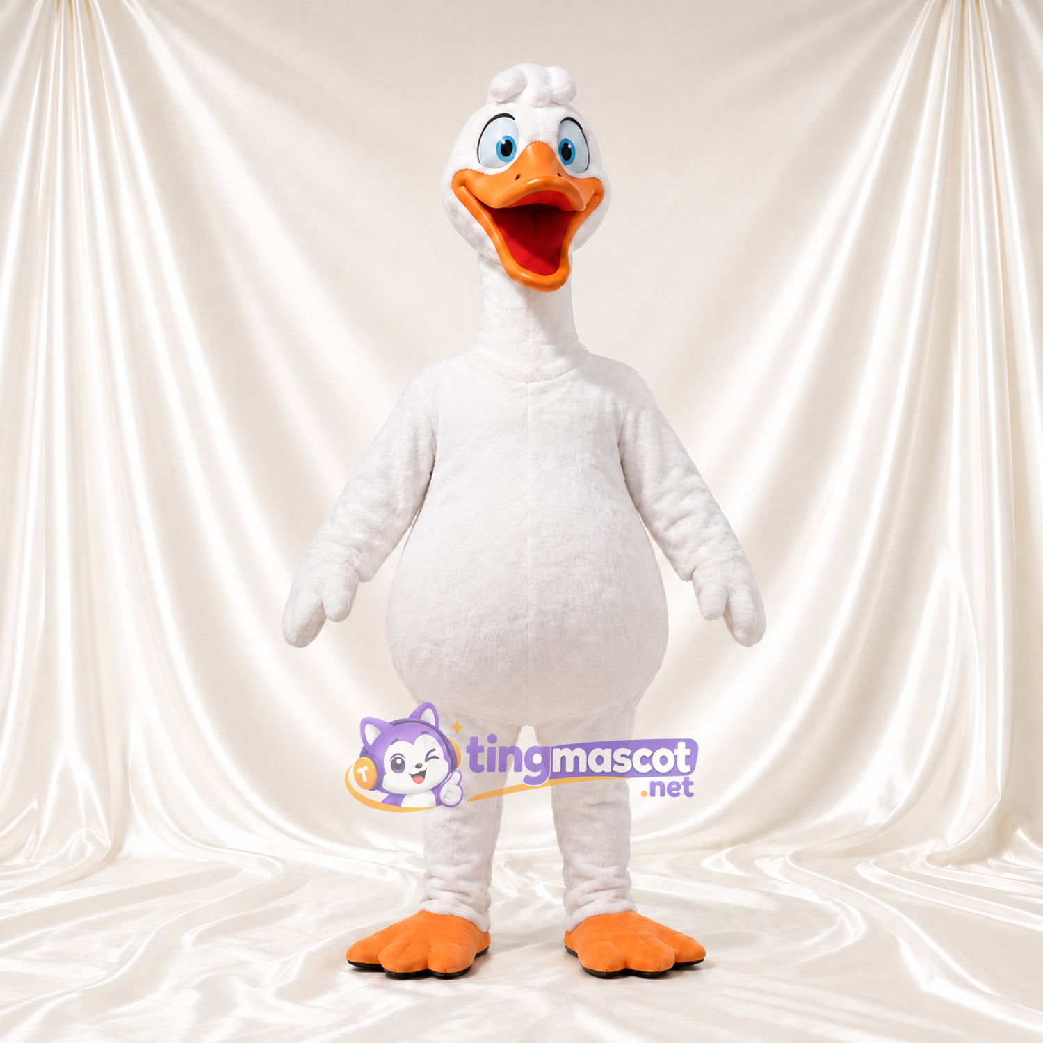 Costume de mascotte Oie – blanc – Bec (grand, souriant, orange); Pieds (crème) Costume de mascotte Oie – blanc – Bec (grand, souriant, orange); Pieds (crème)