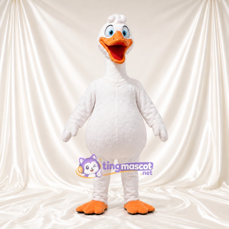 Costume de mascotte Oie – blanc – Bec (grand, souriant, orange); Pieds (crème) Costume de mascotte Oie – blanc – Bec (grand, souriant, orange); Pieds (crème)