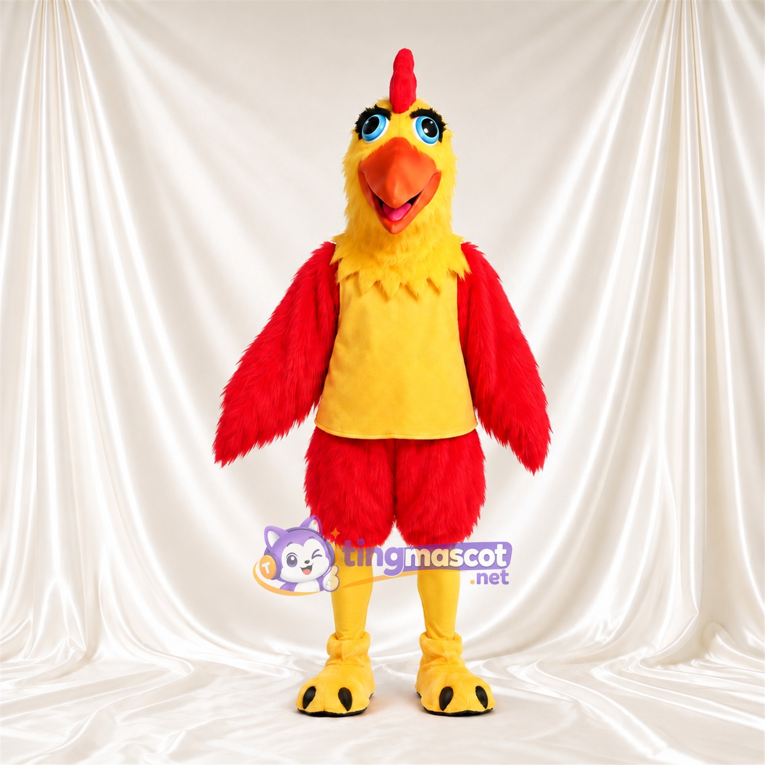 Costume de mascotte Coq – jaune / rouge – Cou (jaune); Plumes; Short (rouge) Costume de mascotte Coq – jaune / rouge – Cou (jaune); Plumes; Short (rouge)