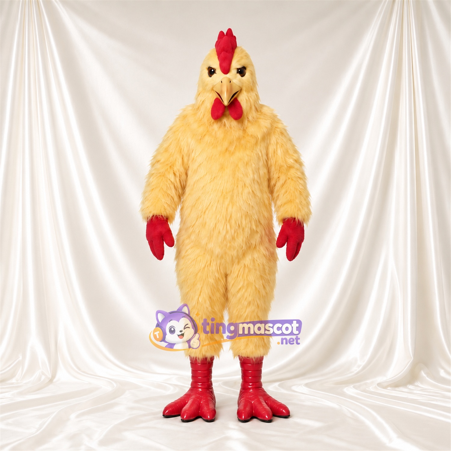 Cream Rooster Mascot Costume - Red Comb, Red Hands and Red Feet Cream Rooster Mascot Costume - Red Comb, Red Hands and Red Feet