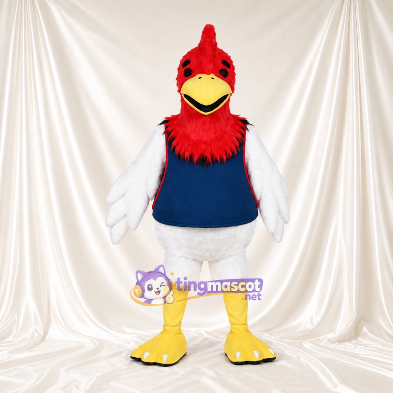Red and White Rooster Mascot Costume - Navy Sports Vest and Yellow Feet Red and White Rooster Mascot Costume - Navy Sports Vest and Yellow Feet