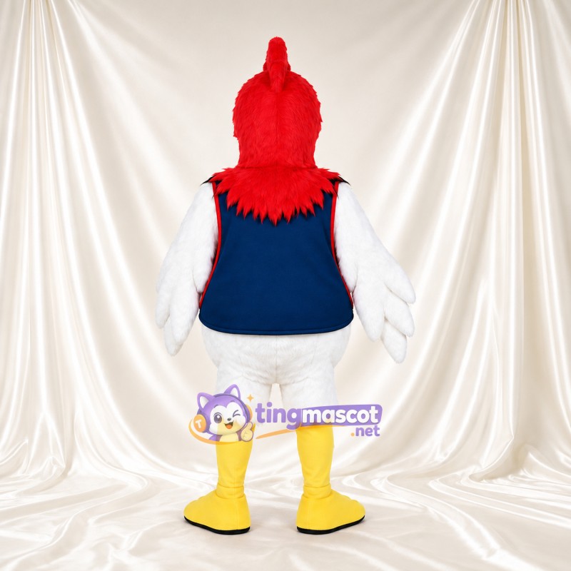 Red and White Rooster Mascot Costume - Navy Sports Vest and Yellow Feet Red and White Rooster Mascot Costume - Navy Sports Vest and Yellow Feet