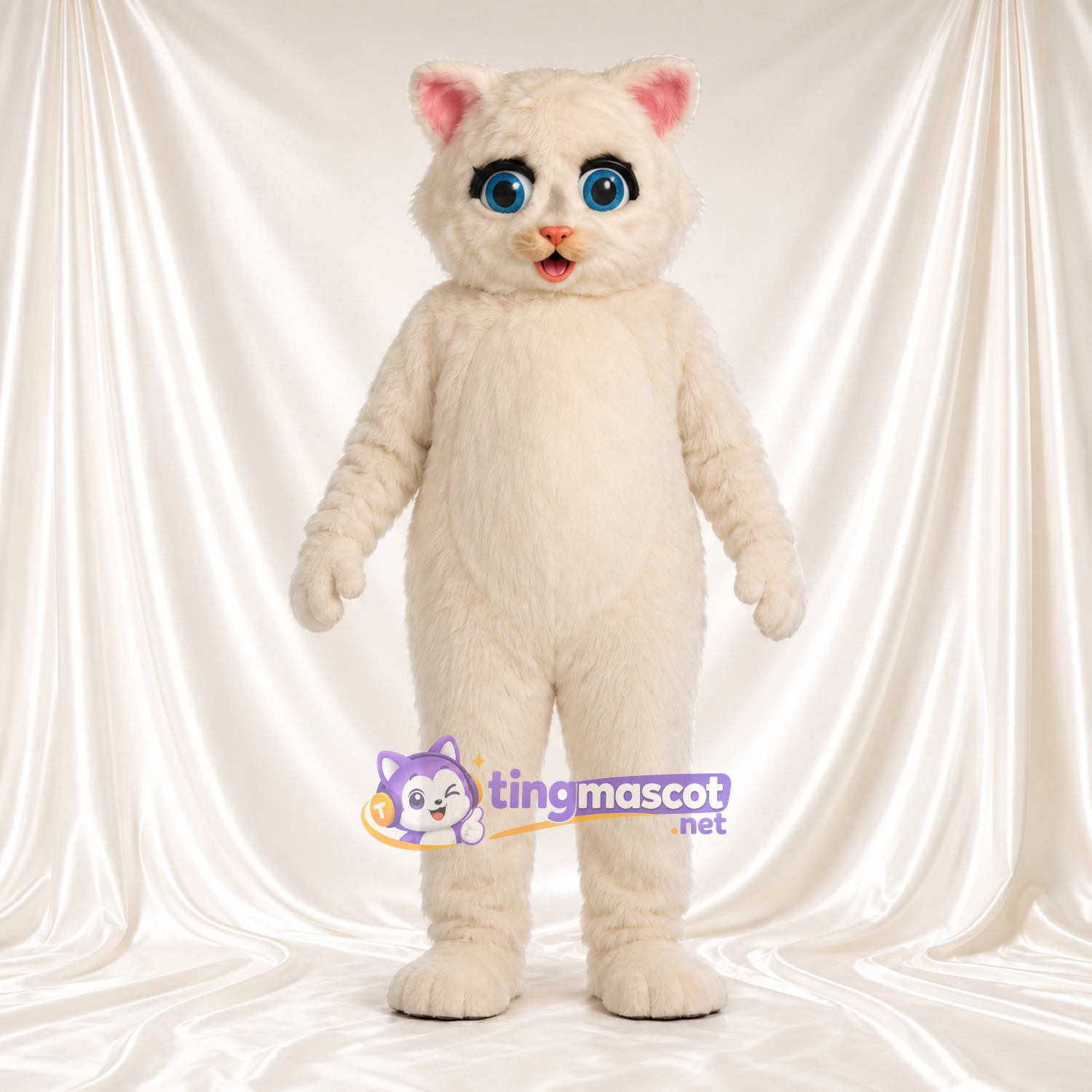 Costume de mascotte Chat – crème – Yeux (bleu); Oreilles (rose) Costume de mascotte Chat – crème – Yeux (bleu); Oreilles (rose)
