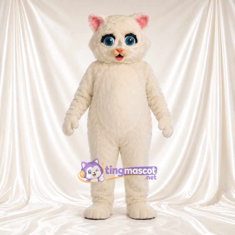 Costume de mascotte Chat – crème – Yeux (bleu); Oreilles (rose) Costume de mascotte Chat – crème – Yeux (bleu); Oreilles (rose)