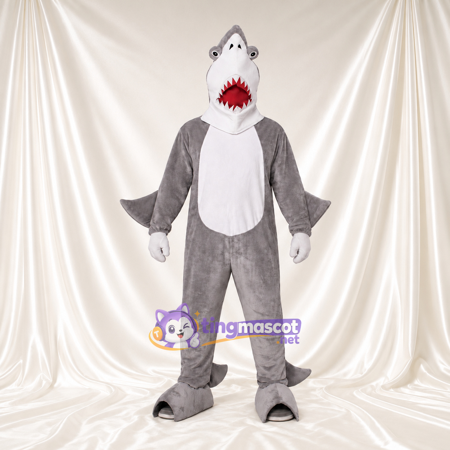 Maskottchenkostüm Hai – grau – Bauch (weiß); Mund (offen, rot) Maskottchenkostüm Hai – grau – Bauch (weiß); Mund (offen, rot)