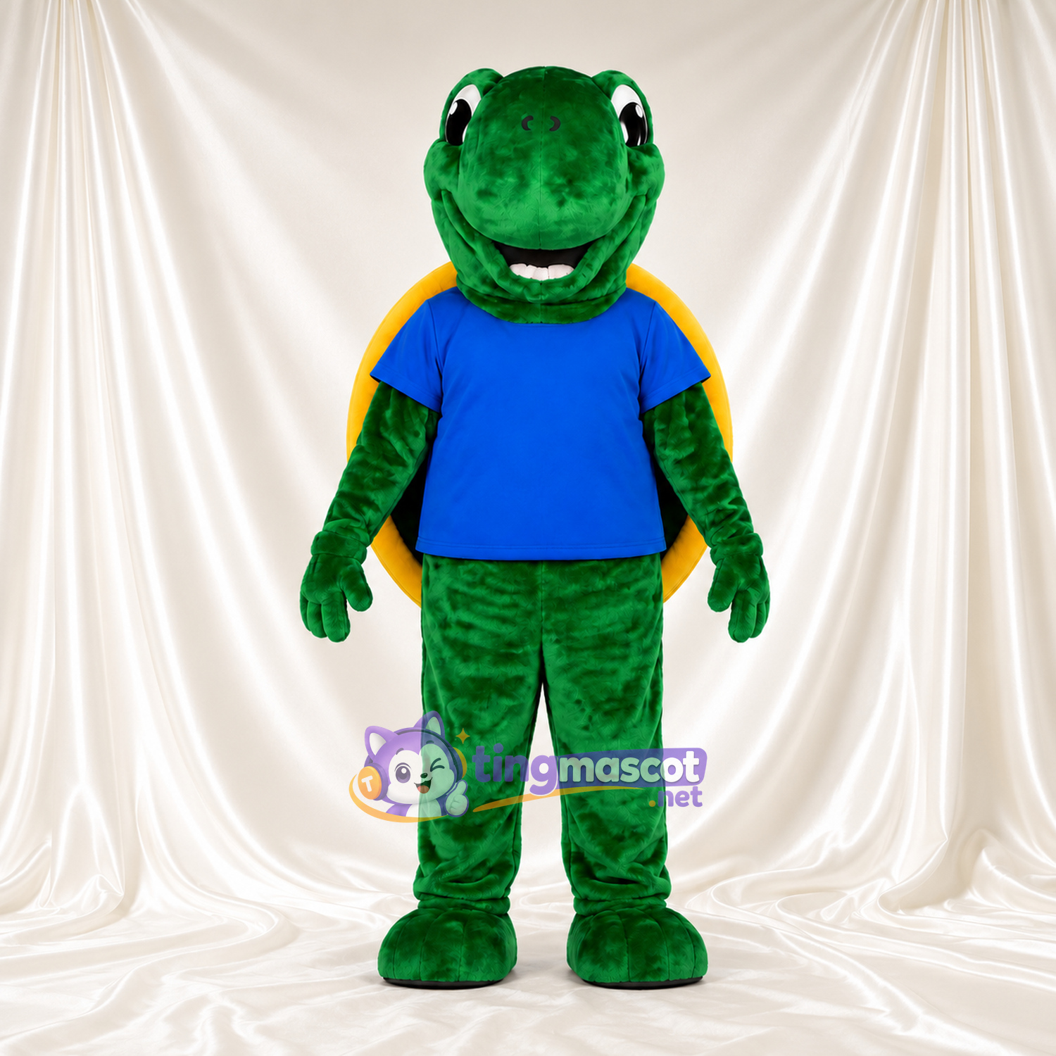 Green Turtle Mascot Costume - Blue T-Shirt and Yellow Shell Green Turtle Mascot Costume - Blue T-Shirt and Yellow Shell