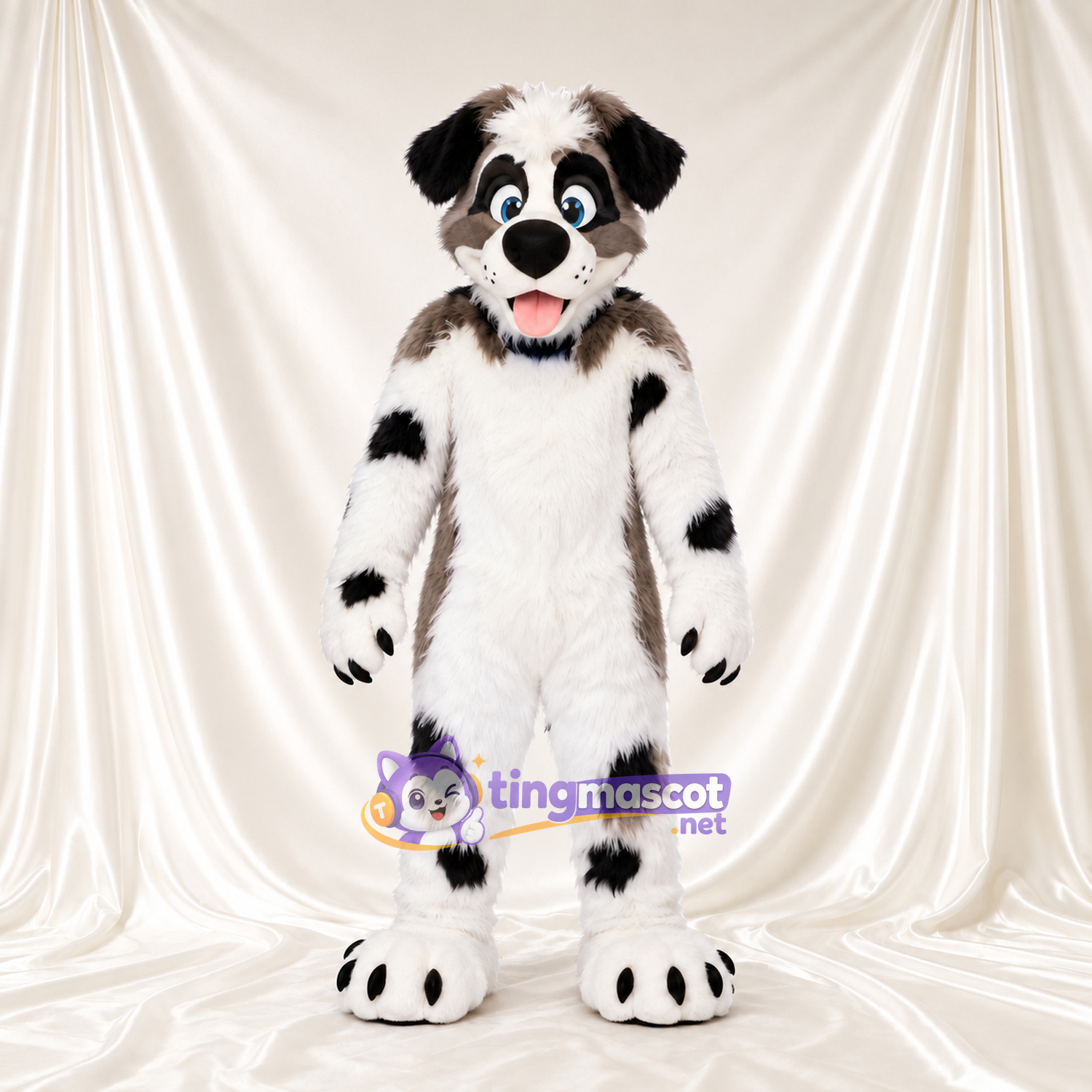 Costume de mascotte Chien – noir / blanc – Corps tacheté; Oreilles tombantes Costume de mascotte Chien – noir / blanc – Corps tacheté; Oreilles tombantes