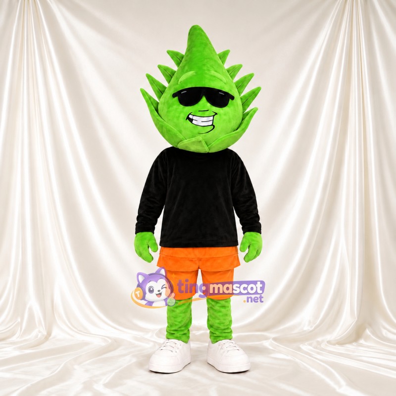 Costume de mascotte Feuille – vert – Lunettes de soleil; Chemise (noir); Short (orange) Costume de mascotte Feuille – vert – Lunettes de soleil; Chemise (noir); Short (orange)