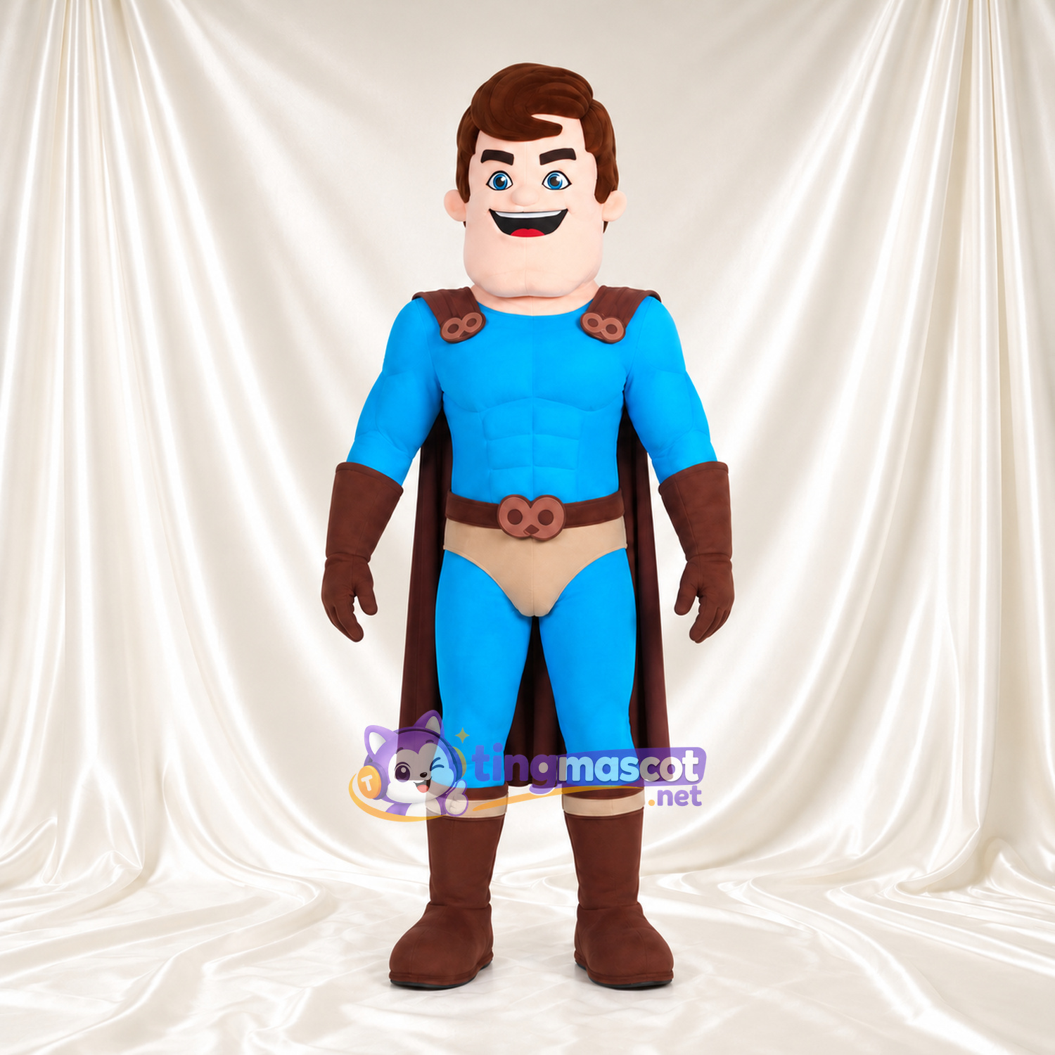 Superhero Man Mascot Costume - Blue Suit, Brown Cape and Brown Boots Superhero Man Mascot Costume - Blue Suit, Brown Cape and Brown Boots