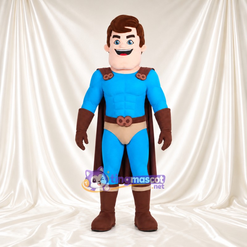 Superhero Man Mascot Costume - Blue Suit, Brown Cape and Brown Boots Superhero Man Mascot Costume - Blue Suit, Brown Cape and Brown Boots