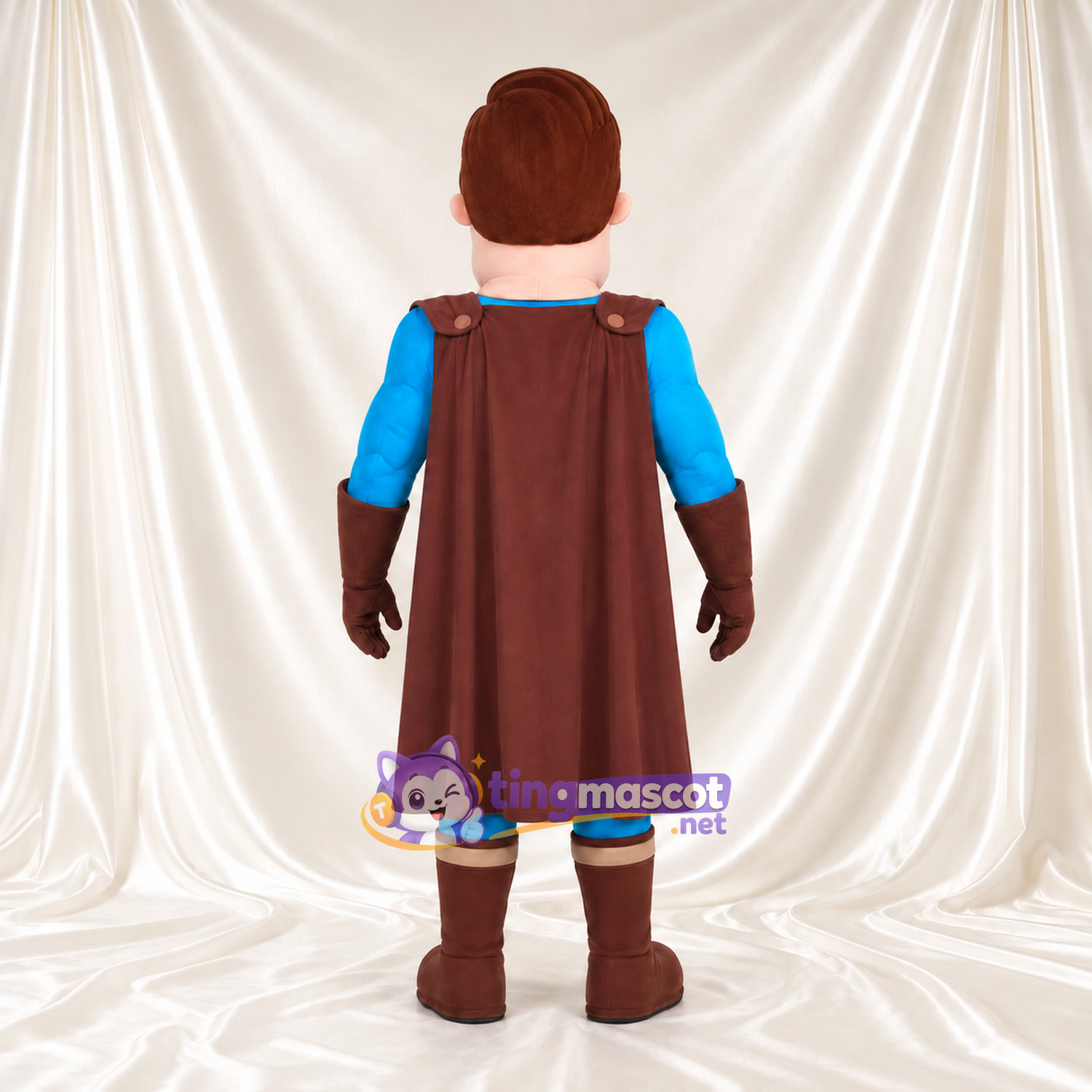 Superhero Man Mascot Costume - Blue Suit, Brown Cape and Brown Boots Superhero Man Mascot Costume - Blue Suit, Brown Cape and Brown Boots