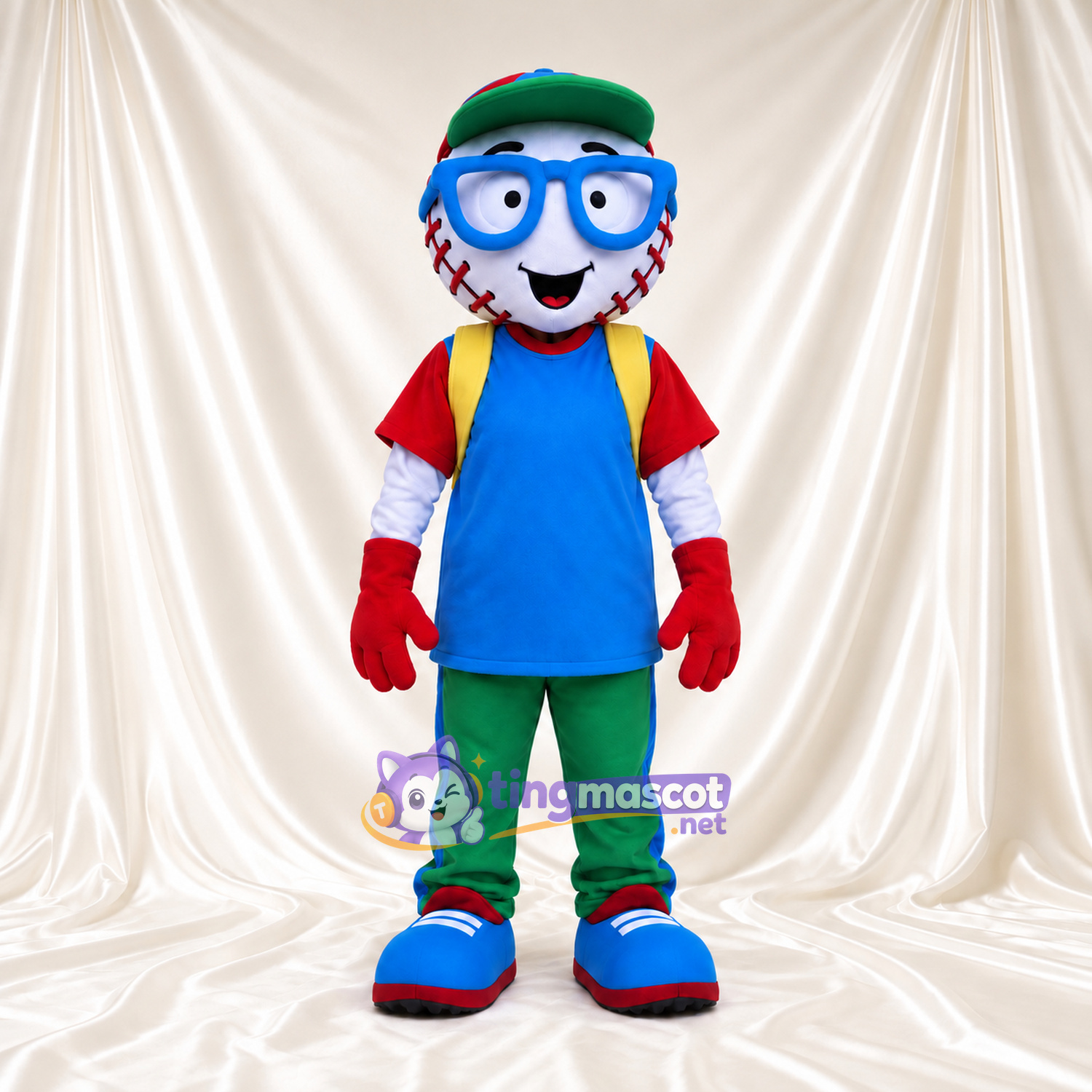 Baseball Character Mascot Costume - Blue Glasses, Green Cap and Colorful Outfit Baseball Character Mascot Costume - Blue Glasses, Green Cap and Colorful Outfit
