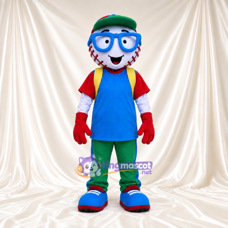 Baseball Character Mascot Costume - Blue Glasses, Green Cap and Colorful Outfit Baseball Character Mascot Costume - Blue Glasses, Green Cap and Colorful Outfit