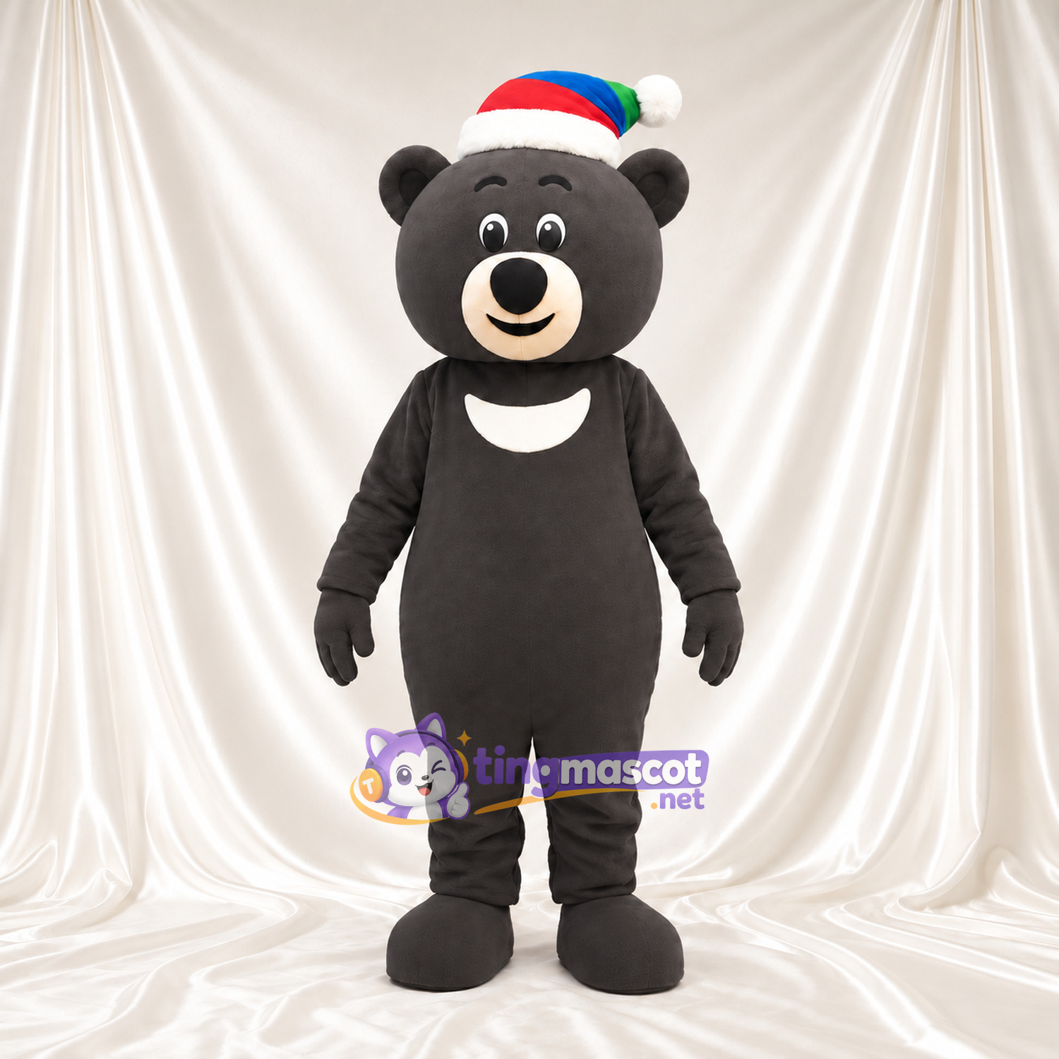 Black Bear Mascot Costume - Multicolor Santa Hat and White Chest Patch Black Bear Mascot Costume - Multicolor Santa Hat and White Chest Patch