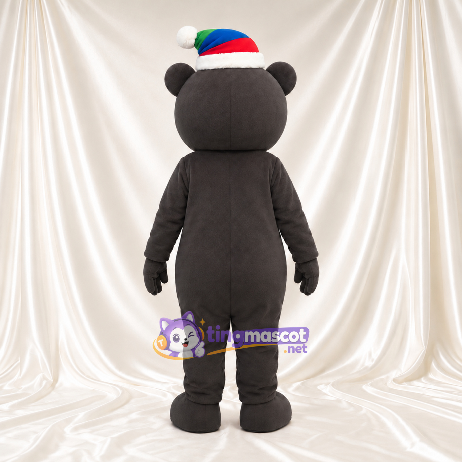 Black Bear Mascot Costume - Multicolor Santa Hat and White Chest Patch Black Bear Mascot Costume - Multicolor Santa Hat and White Chest Patch