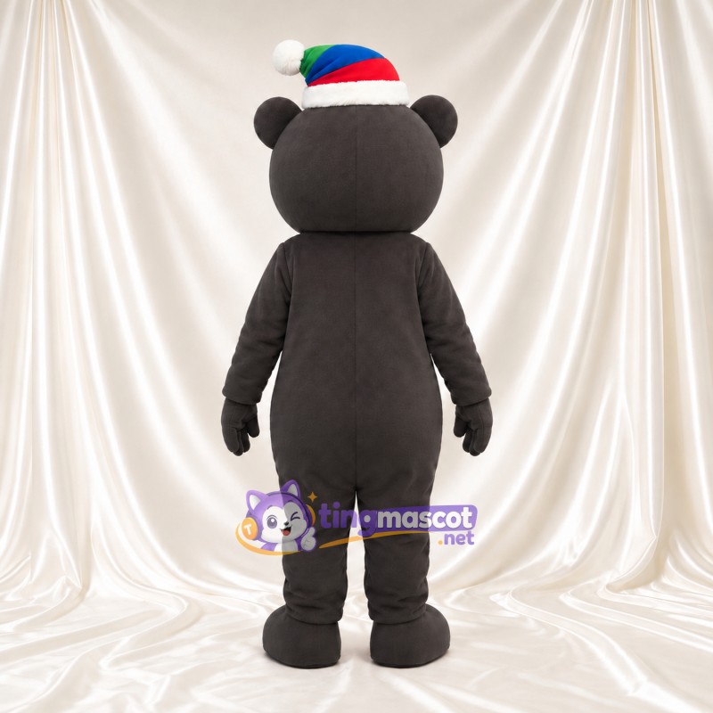 Black Bear Mascot Costume - Multicolor Santa Hat and White Chest Patch Black Bear Mascot Costume - Multicolor Santa Hat and White Chest Patch