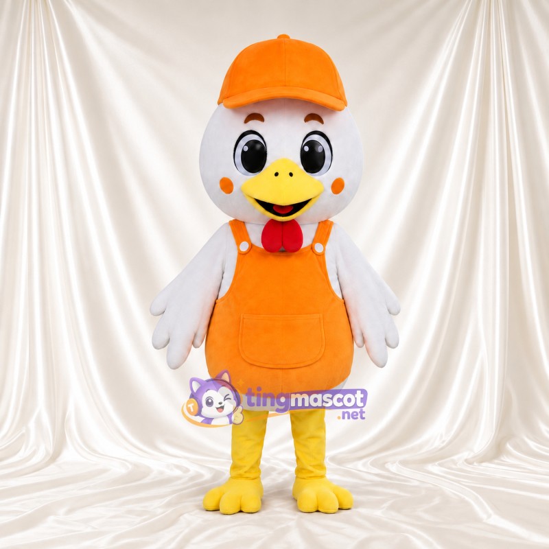 Costume de mascotte Poule – blanc – Casquette (orange); Salopette (orange) Costume de mascotte Poule – blanc – Casquette (orange); Salopette (orange)