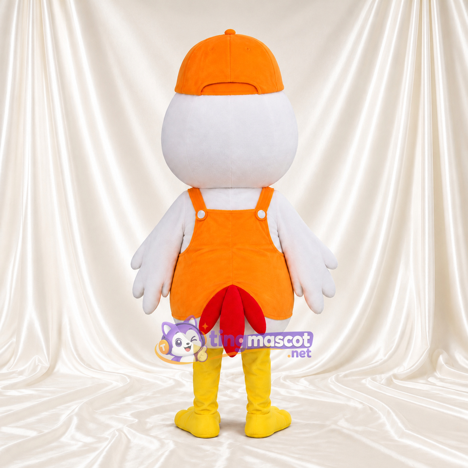 Costume de mascotte Poule – blanc – Casquette (orange); Salopette (orange) Costume de mascotte Poule – blanc – Casquette (orange); Salopette (orange)