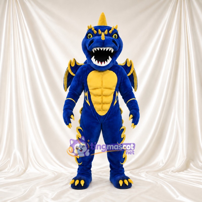 Costume de mascotte Dragon – bleu – Cornes (jaune); Ventre (musclé); Ailes Costume de mascotte Dragon – bleu – Cornes (jaune); Ventre (musclé); Ailes