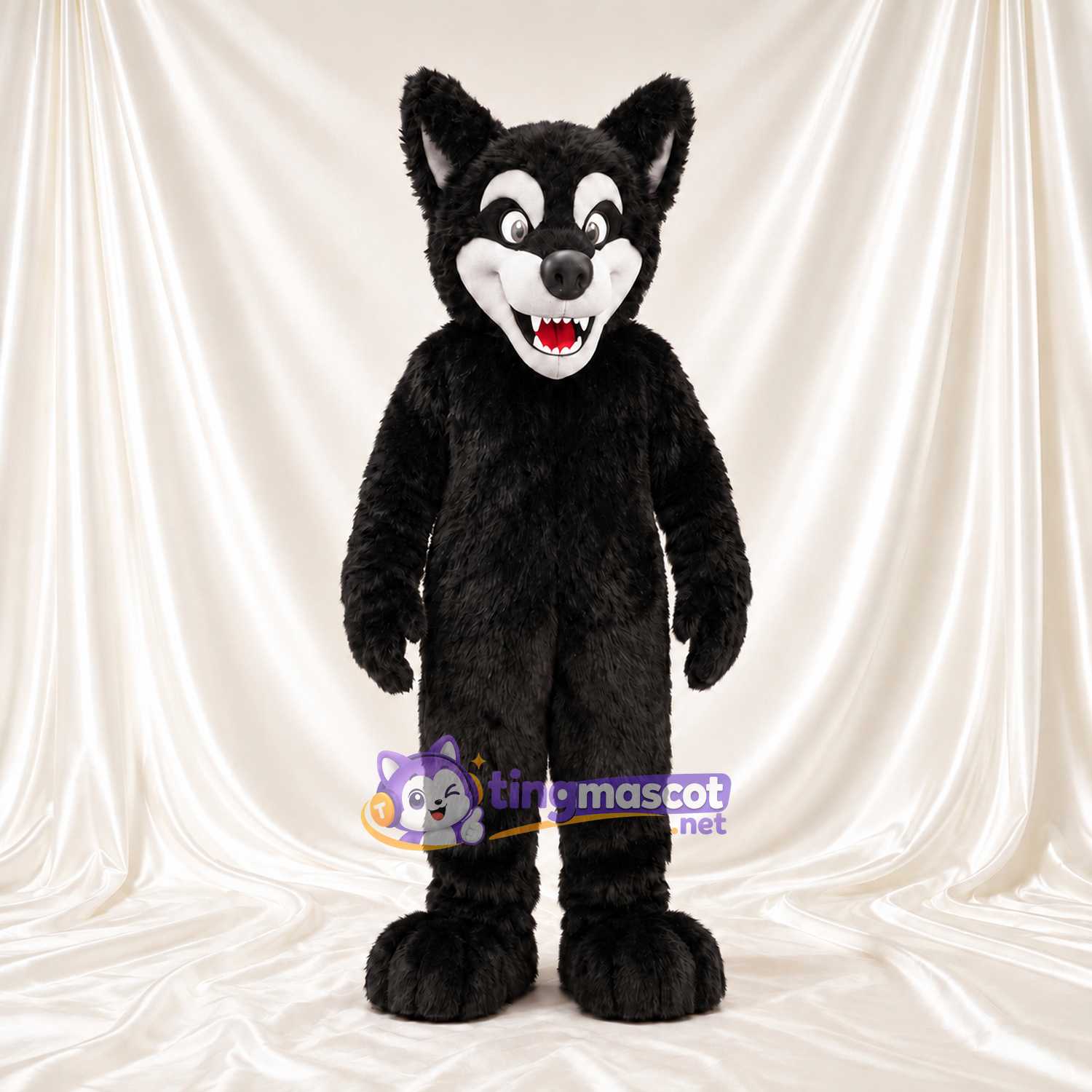 Costume de mascotte Loup – noir – Joues (blanc); Sourire (ouvert) Costume de mascotte Loup – noir – Joues (blanc); Sourire (ouvert)