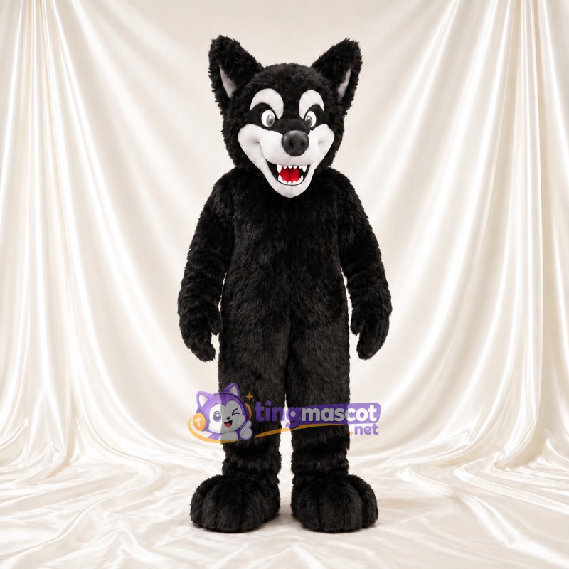 Costume de mascotte Loup – noir – Joues (blanc); Sourire (ouvert) Costume de mascotte Loup – noir – Joues (blanc); Sourire (ouvert)
